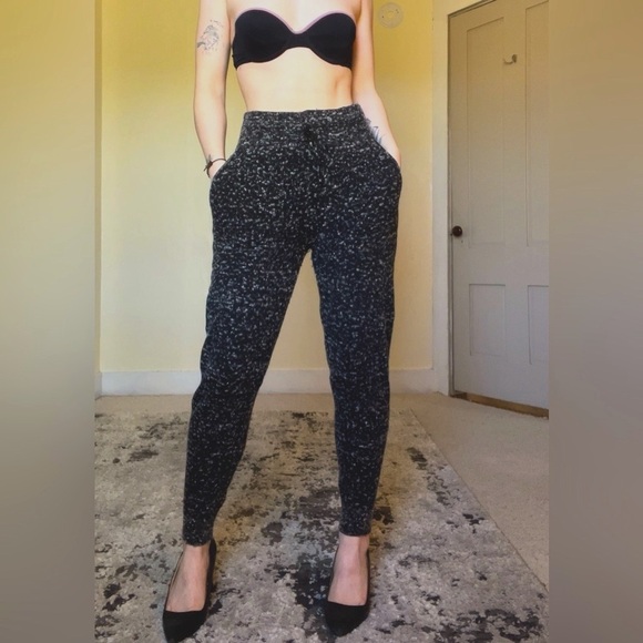 Moth Pants - Moth Black and White Trousers Joggers Textured Fabric Wool Blend Cozy Stretchy
